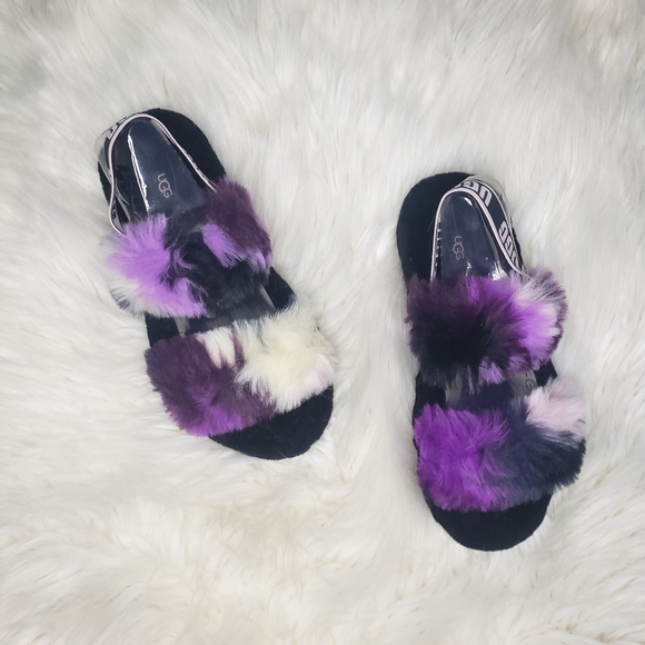 🥿Ugg Oh Yeah Fluff Yeah Black Purple Pink Tie-Dye Fur Slides Slippers 10 - Picture 3 of 8